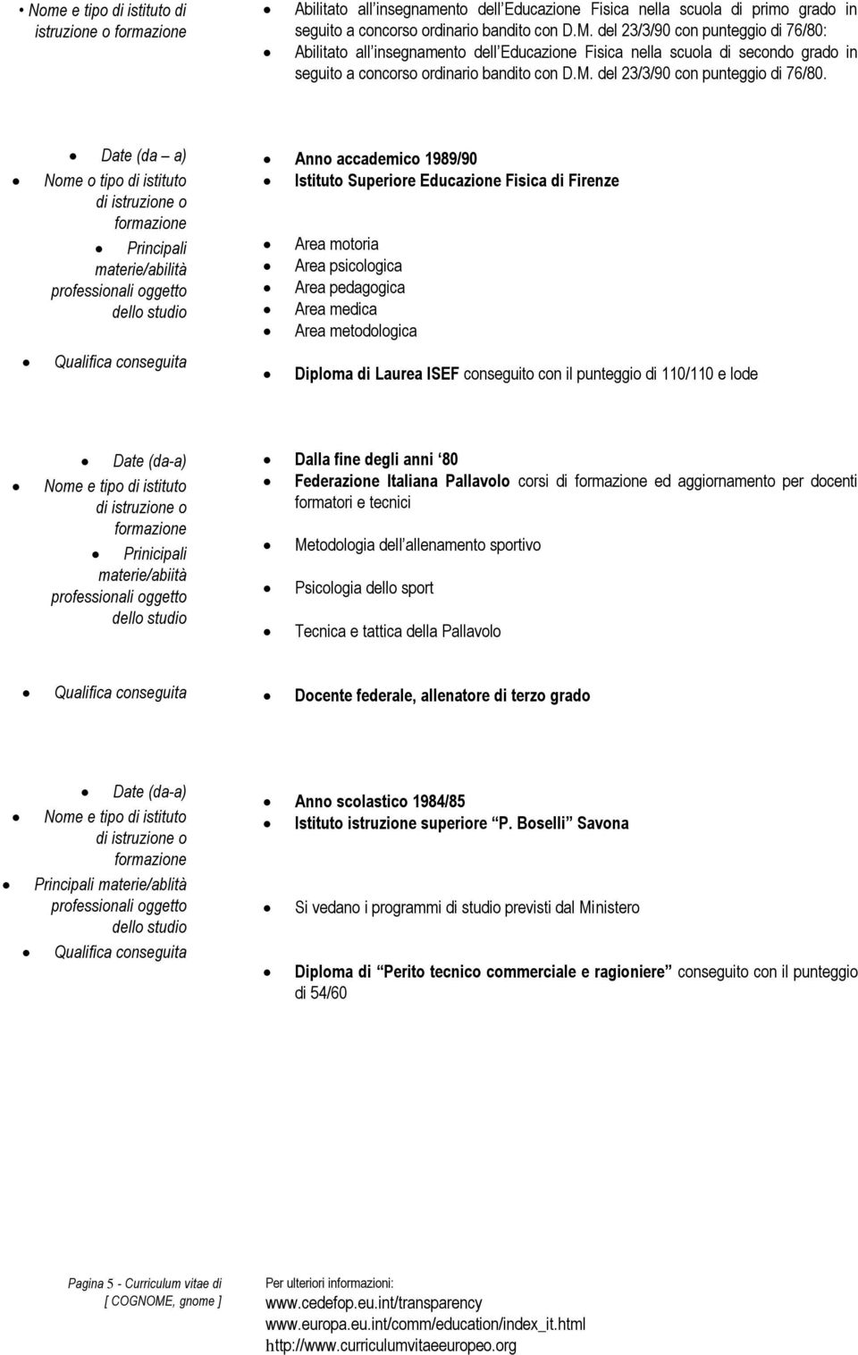 Date (da a) Nome o tipo di istituto di istruzione o formazione Principali materie/abilità professionali oggetto dello studio Qualifica conseguita Anno accademico 1989/90 Istituto Superiore Educazione