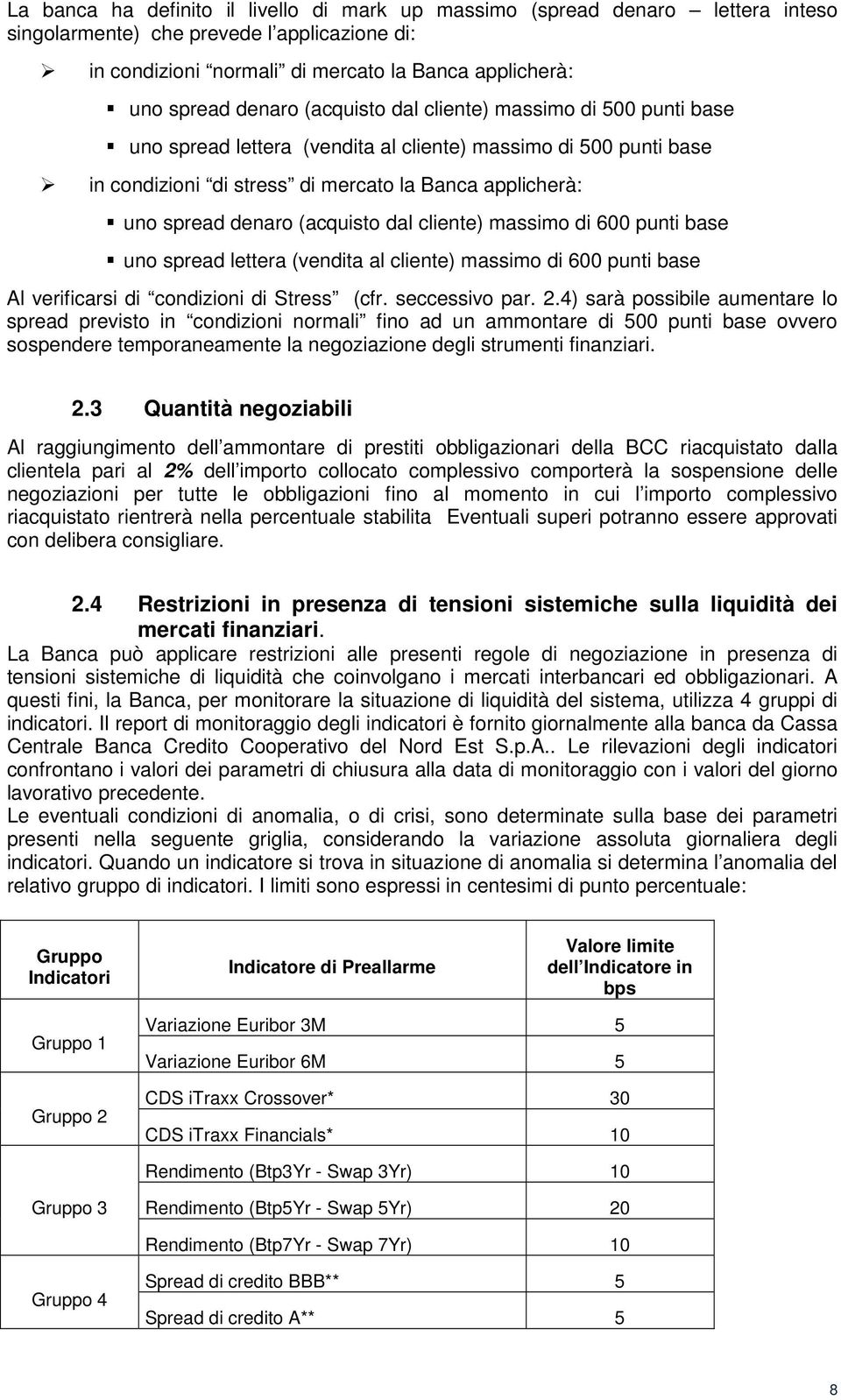 dal cliente) massimo di 600 punti base uno spread lettera (vendita al cliente) massimo di 600 punti base Al verificarsi di condizioni di Stress (cfr. seccessivo par. 2.