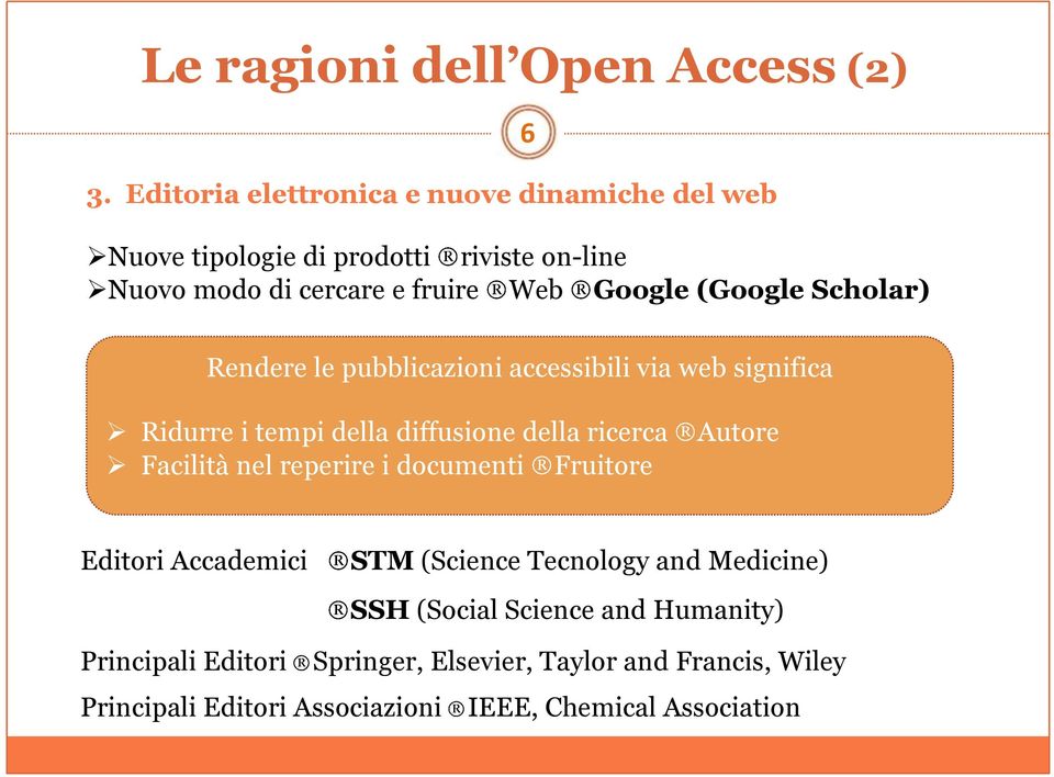 (Google Scholar) 6 Rendere le pubblicazioni accessibili via web significa Ridurre i tempi della diffusione della ricerca Facilità nel