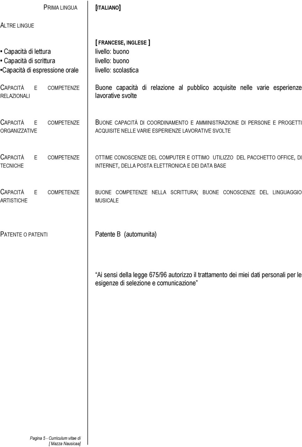 ESPERIENZE LAVORATIVE SVOLTE TECNICHE OTTIME CONOSCENZE DEL COMPUTER E OTTIMO UTILIZZO DEL PACCHETTO OFFICE, DI INTERNET, DELLA POSTA ELETTRONICA E DEI DATA BASE ARTISTICHE BUONE COMPETENZE NELLA