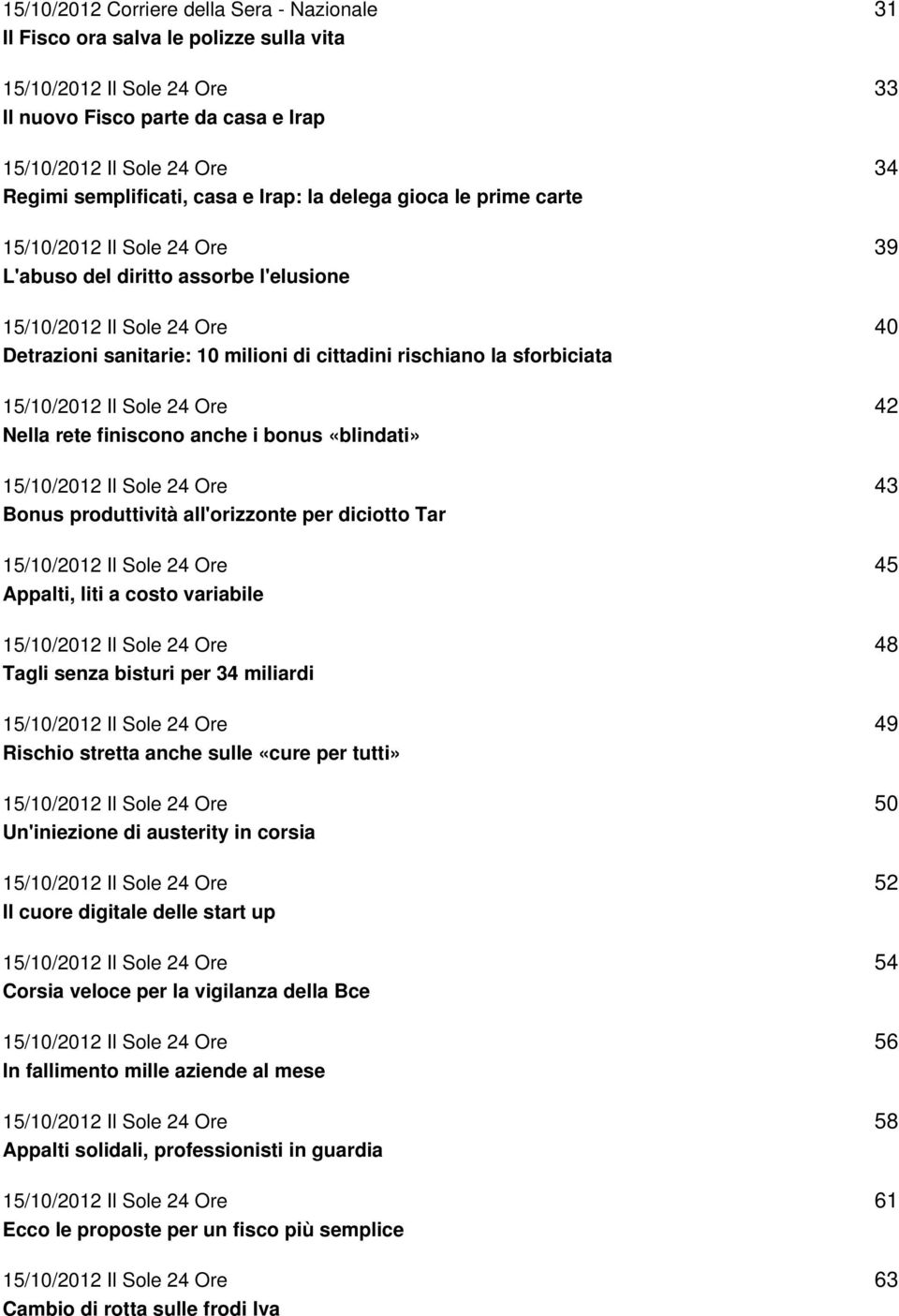 15/10/2012 Il Sole 24 Ore Nella rete finiscono anche i bonus «blindati» 15/10/2012 Il Sole 24 Ore Bonus produttività all'orizzonte per diciotto Tar 15/10/2012 Il Sole 24 Ore Appalti, liti a costo