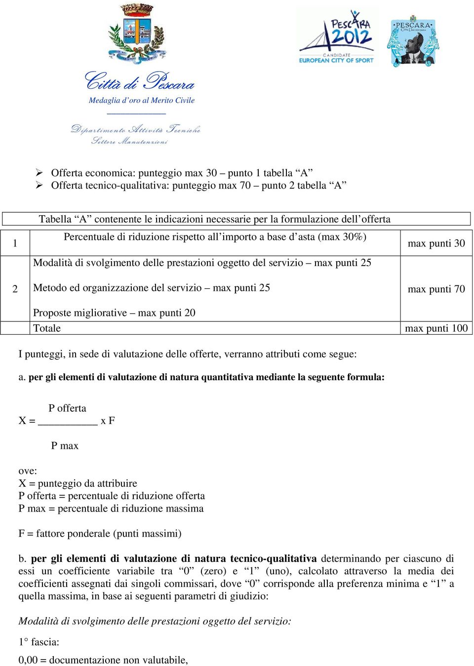 punti 25 max punti 30 max punti 70 Proposte migliorative max punti 20 Totale max punti 100 I punteggi, in sede di valutazione delle offerte, verranno attributi come segue: a.