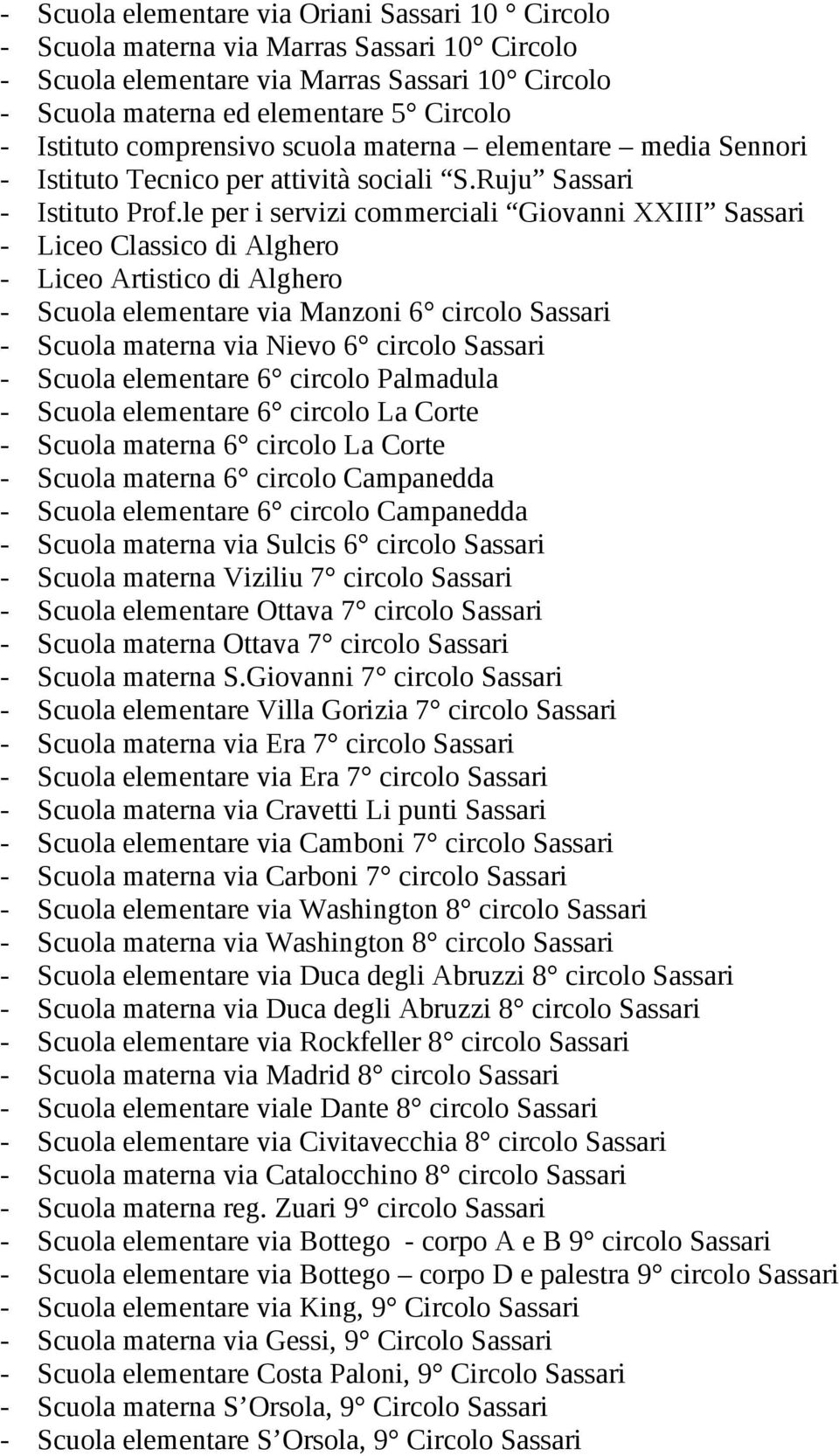 le per i servizi commerciali Giovanni XXIII Sassari - Liceo Classico di Alghero - Liceo Artistico di Alghero - Scuola elementare via Manzoni 6 circolo Sassari - Scuola materna via Nievo 6 circolo