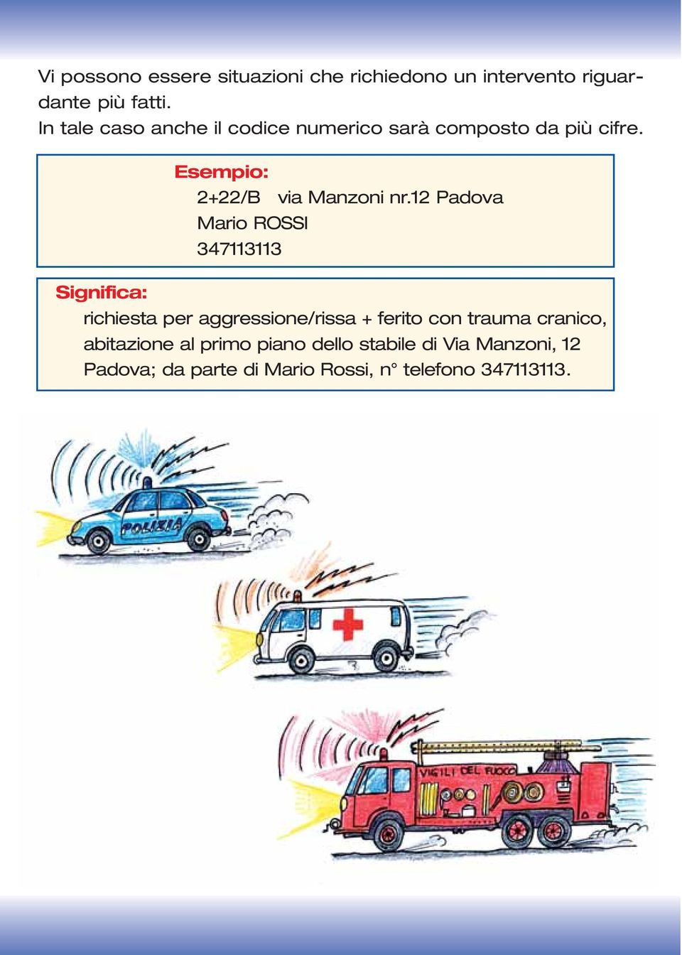 12 Padova Mario ROSSI 347113113 Significa: richiesta per aggressione/rissa + ferito con trauma