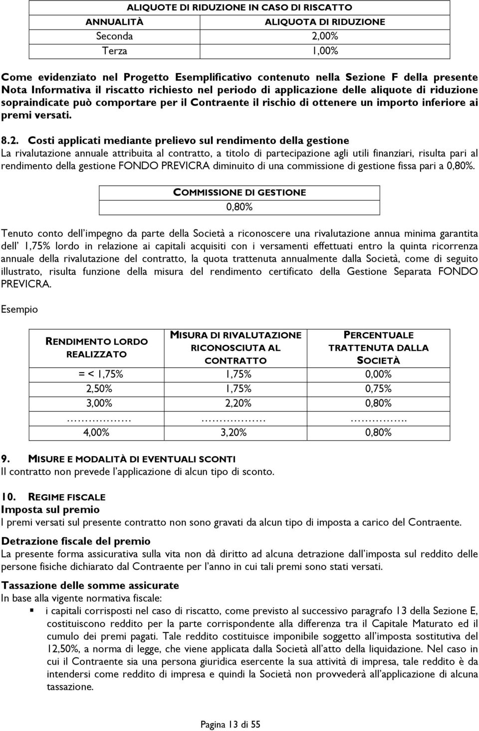 8.2. Costi applicati mediante prelievo sul rendimento della gestione La rivalutazione annuale attribuita al contratto, a titolo di partecipazione agli utili finanziari, risulta pari al rendimento