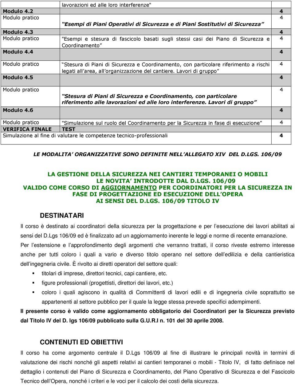 4 4 Modulo pratico Stesura di Piani di Sicurezza e Coordinamento, con particolare riferimento a rischi 4 legati all area, all organizzazione del cantiere. Lavori di gruppo Modulo 4.