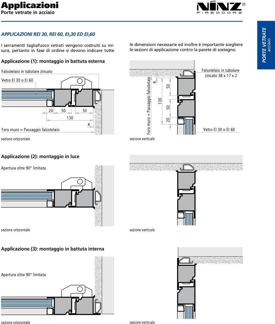 Falsotelaio in tubolare zincato Vetro EI 30 o EI 60 20 50 130 Foro muro = Passaggio falsotelaio 50 4 Foro muro = Passaggio falsotelaio 4 130 50 20 50 Falsotelaio in tubolare zincato 38 x 17 x 2 Vetro