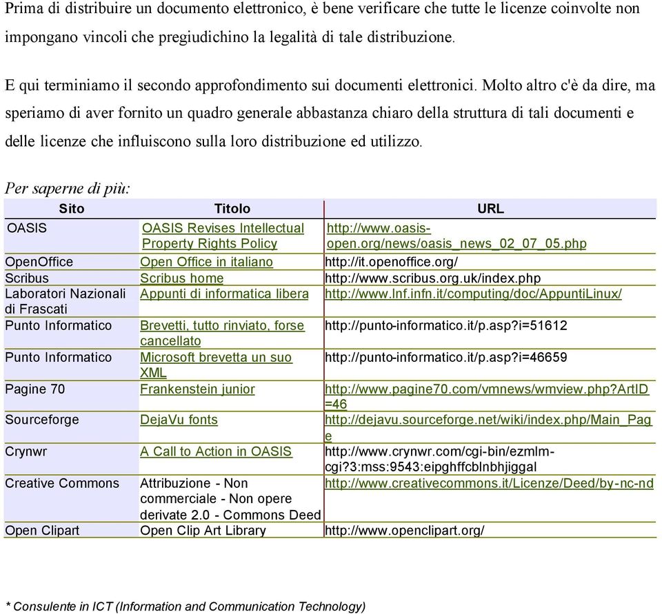 Molto altro c'è da dire, ma speriamo di aver fornito un quadro generale abbastanza chiaro della struttura di tali documenti e delle licenze che influiscono sulla loro distribuzione ed utilizzo.