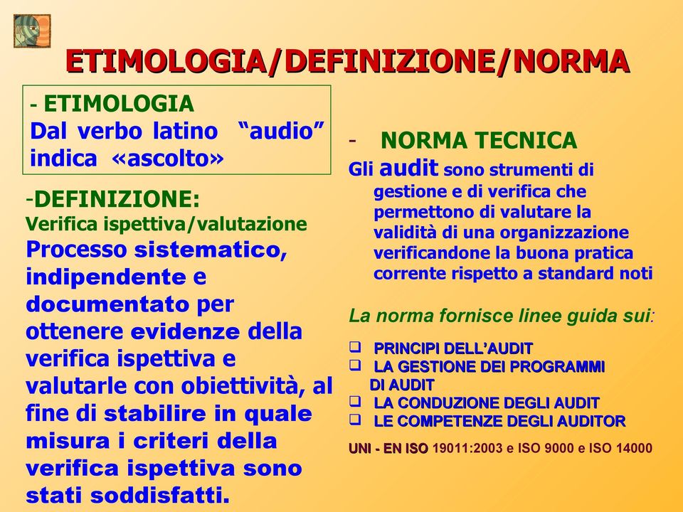 documentato per La norma fornisce linee guida sui: ottenere evidenze della PRINCIPI DELL AUDIT verifica ispettiva e LA GESTIONE DEI PROGRAMMI DI AUDIT valutarle con obiettività, al