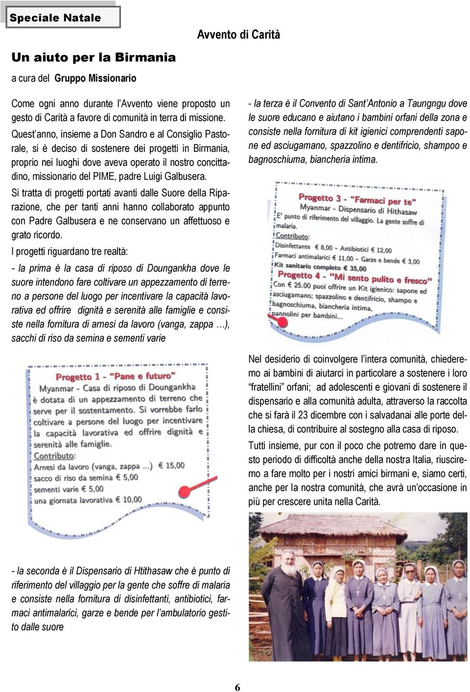 Luigi Galbusera. Si tratta di progetti portati avanti dalle Suore della Riparazione, che per tanti anni hanno collaborato appunto con Padre Galbusera e ne conservano un affettuoso e grato ricordo.