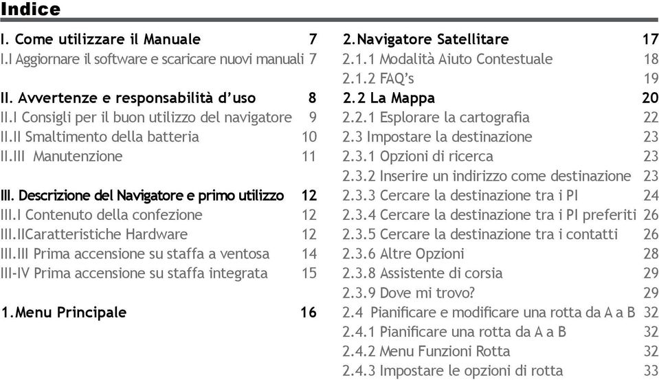 III Prima accensione su staffa a ventosa 14 III-IV Prima accensione su staffa integrata 15 1.Menu Principale 16 2.Navigatore Satellitare 17 2.1.1 Modalità Aiuto Contestuale 18 2.1.2 FAQ s 19 2.