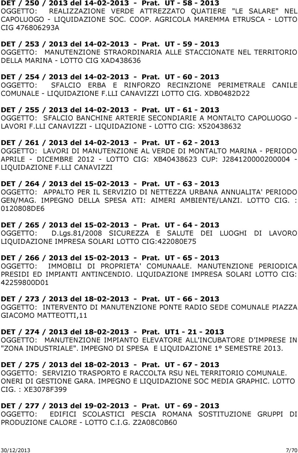 UT - 59-2013 OGGETTO: MANUTENZIONE STRAORDINARIA ALLE STACCIONATE NEL TERRITORIO DELLA MARINA - LOTTO CIG XAD438636 DET / 254 / 2013 del 14-02-2013 - Prat.