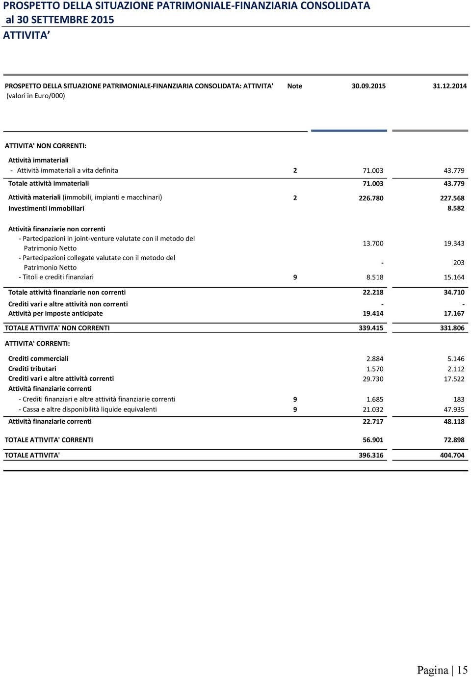 780 227.568 Investimenti immobiliari 8.582 Attività finanziarie non correnti - Partecipazioni in joint-venture valutate con il metodo del Patrimonio Netto 13.700 19.