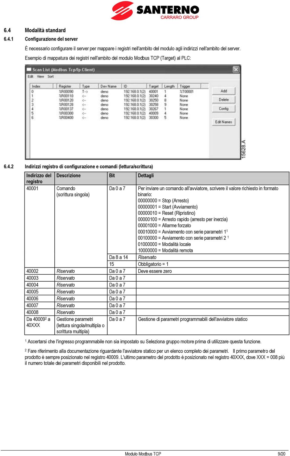 2 Indirizzi registro di configurazione e comandi (lettura/scrittura) Indirizzo del Descrizione Bit Dettagli registro 40001 Comando (scrittura singola) Da 0 a 7 Per inviare un comando all'avviatore,