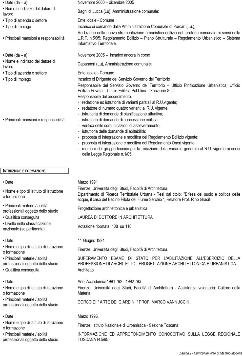 Date (da a) Nome e indirizzo del datore di lavoro Tipo di azienda o settore Tipo di impiego Principali mansioni e responsabilità Novembre 2005 incarico ancora in corso Capannori (Lu), Amministrazione