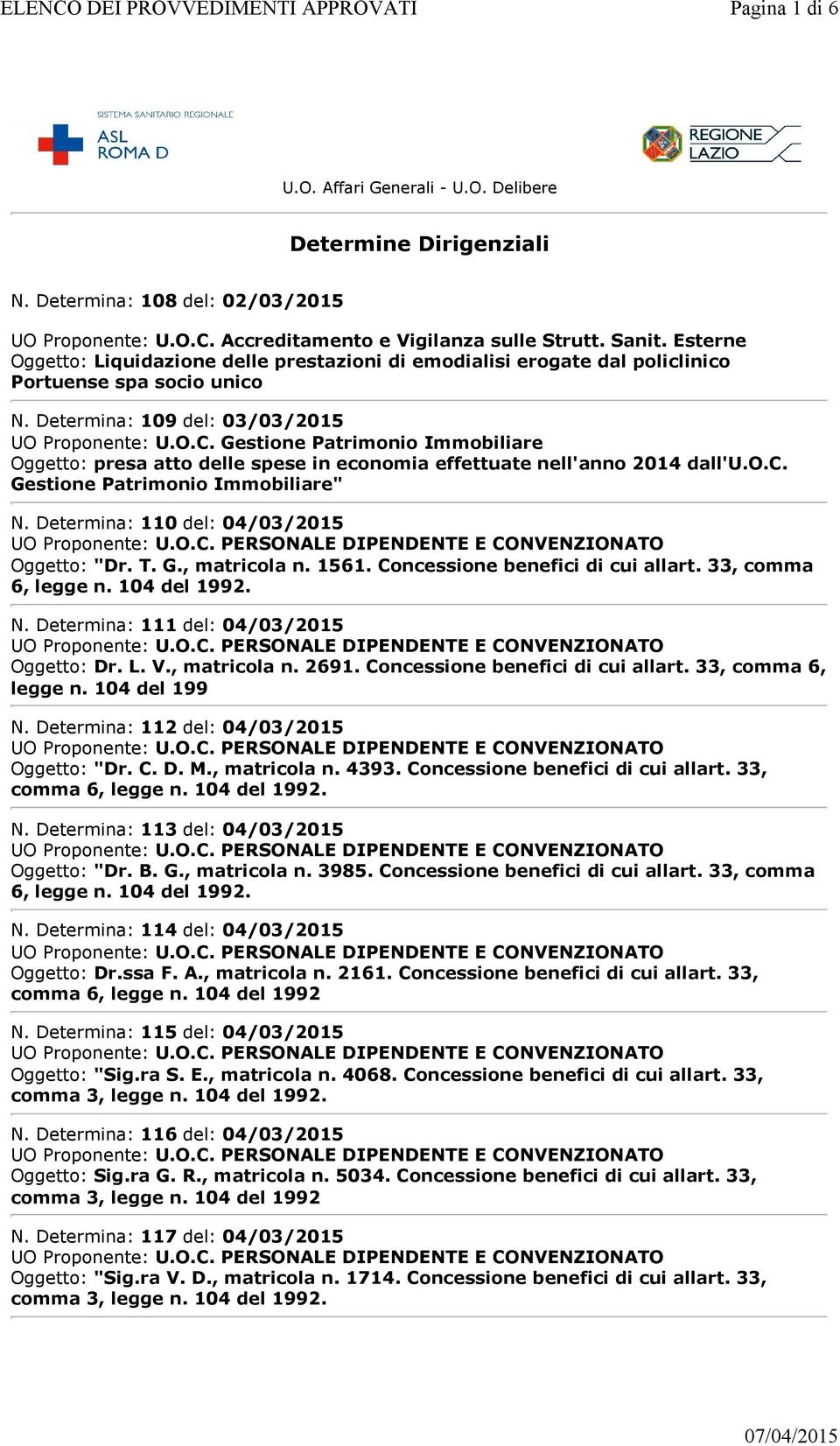 Gestione Patrimonio Immobiliare Oggetto: presa atto delle spese in economia effettuate nell'anno 2014 dall'u.o.c. Gestione Patrimonio Immobiliare" N. Determina: 110 del: 04/03/2015 Oggetto: "Dr. T. G., matricola n.