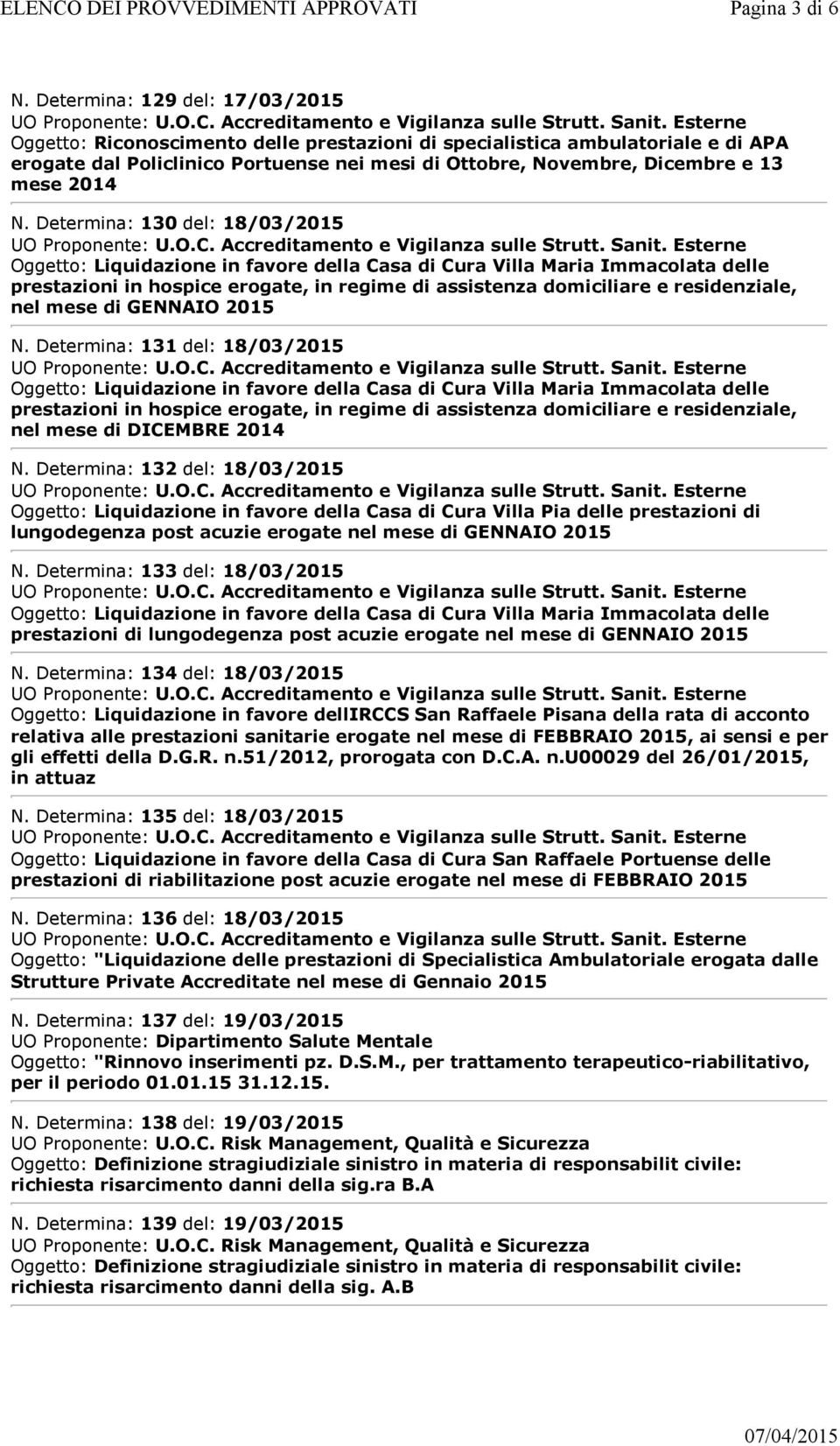 2014 N. Determina: 130 del: 18/03/2015 prestazioni in hospice erogate, in regime di assistenza domiciliare e residenziale, nel mese di GENNAIO 2015 N.