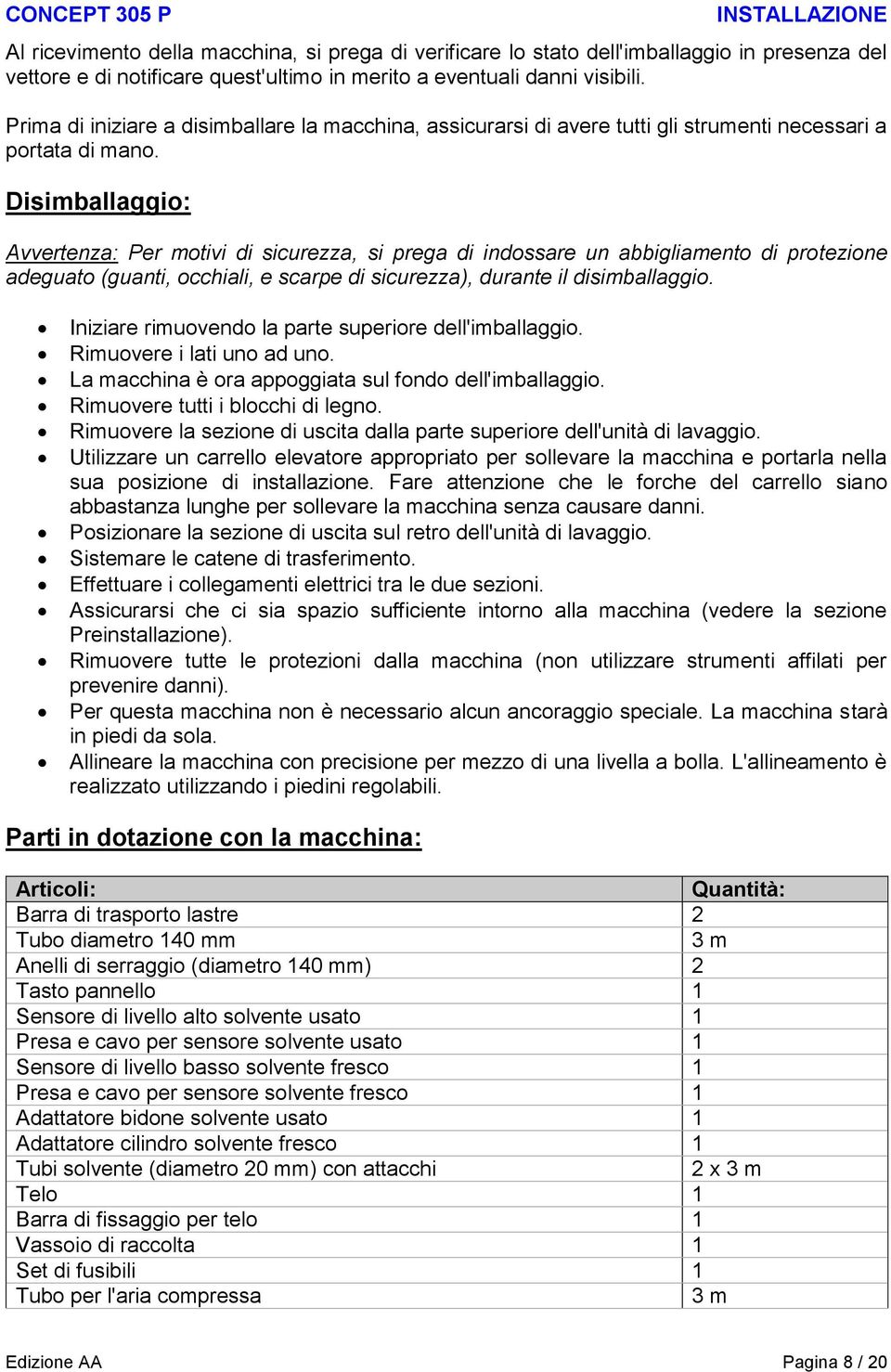 Disimballaggio: Avvertenza: Per motivi di sicurezza, si prega di indossare un abbigliamento di protezione adeguato (guanti, occhiali, e scarpe di sicurezza), durante il disimballaggio.