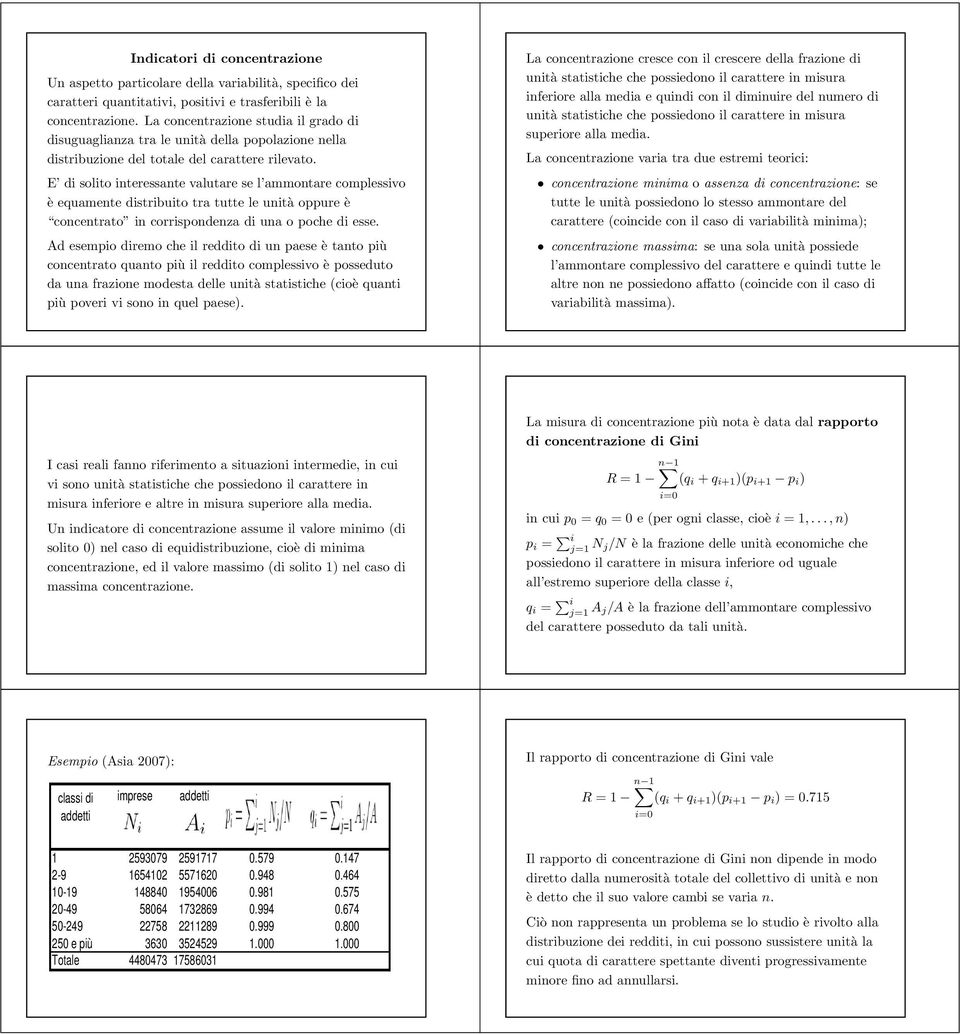 E di solito interessante valutare se l ammontare complessivo è equamente distribuito tra tutte le unità oppure è concentrato in corrispondenza di una o poche di esse.