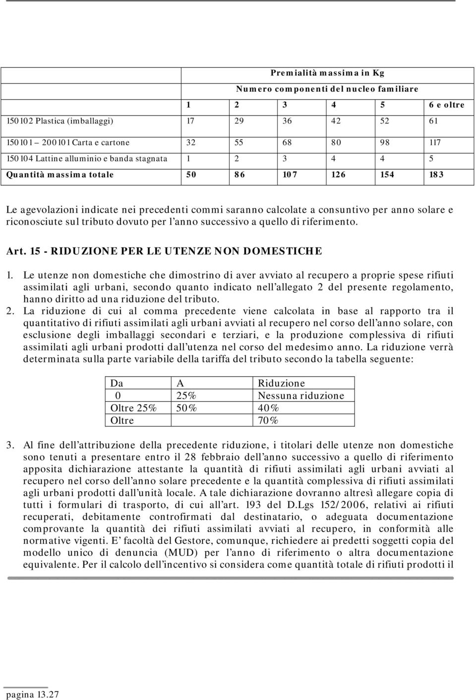 per l anno successivo a quello di riferimento. Art. 15 - RIDUZIONE PER LE UTENZE NON DOMESTICHE 1.