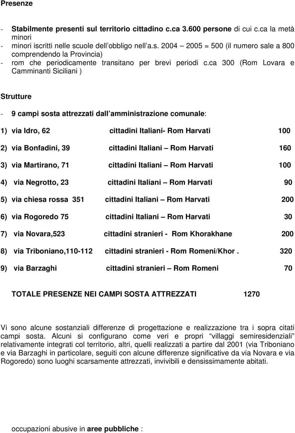 Italiani Rom Harvati 160 3) via Martirano, 71 cittadini Italiani Rom Harvati 100 4) via Negrotto, 23 cittadini Italiani Rom Harvati 90 5) via chiesa rossa 351 cittadini Italiani Rom Harvati 200 6)