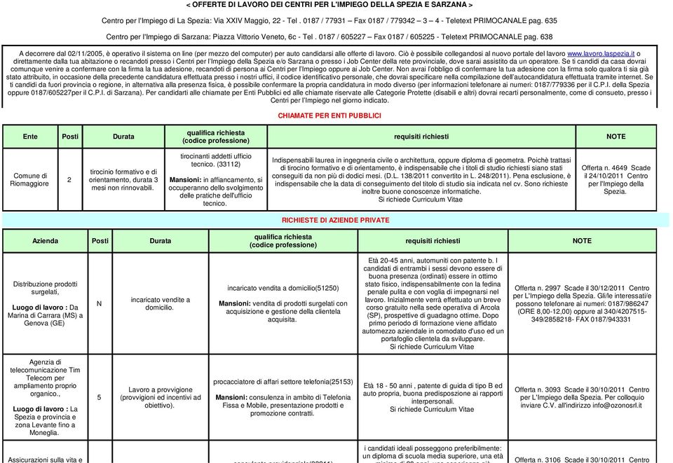 638 A decorrere dal 02//2005, è operativo il sistema on line (per mezzo del computer) per auto candidarsi alle offerte di lavoro. Ciò è possibile collegandosi al nuovo portale del lavoro www.lavoro.laspezia.