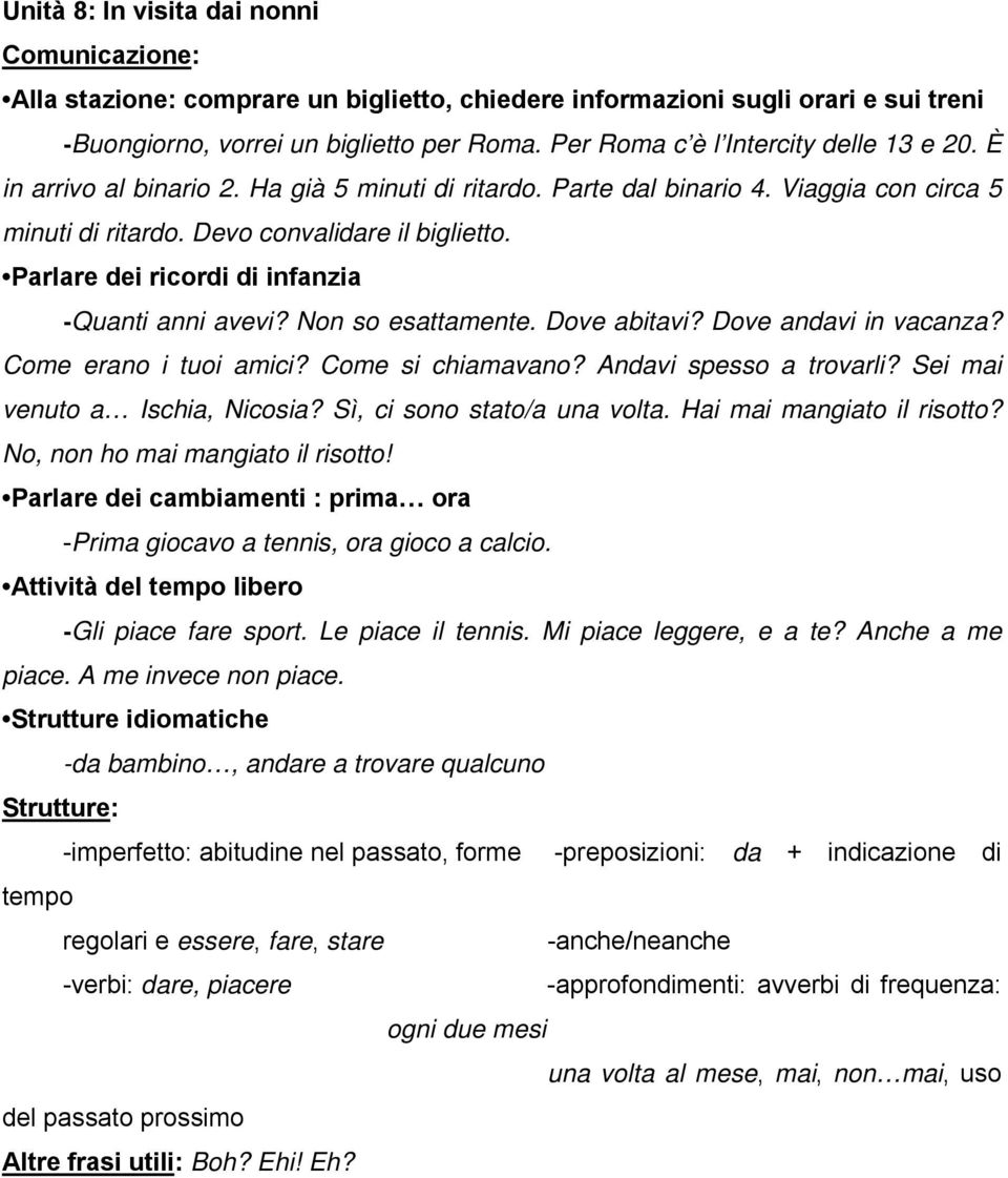 Non so esattamente. Dove abitavi? Dove andavi in vacanza? Come erano i tuoi amici? Come si chiamavano? Andavi spesso a trovarli? Sei mai venuto a Ischia, Nicosia? Sì, ci sono stato/a una volta.