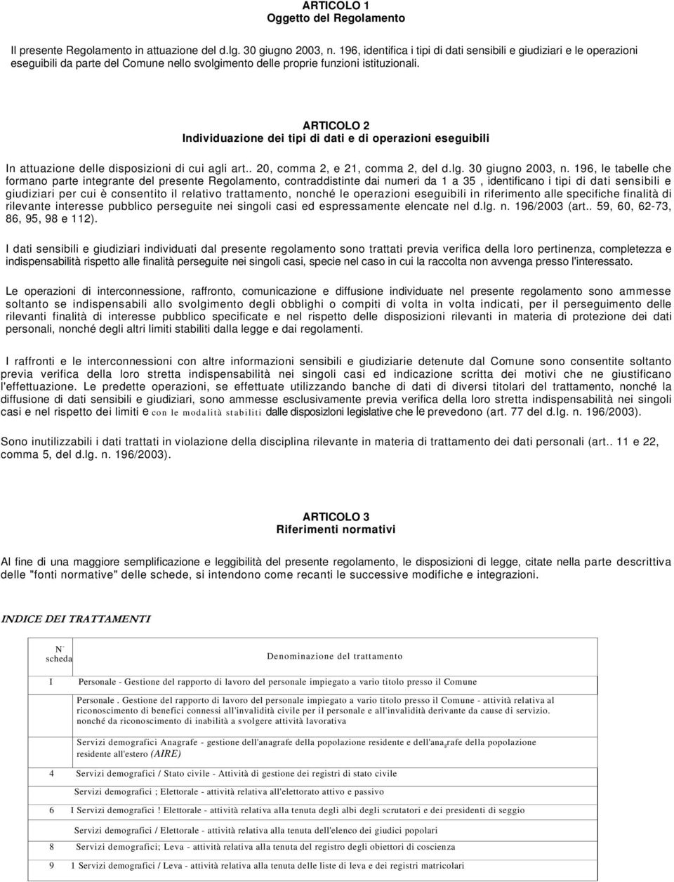 ARTICOLO 2 Individuazione dei tipi di dati e di operazioni eseguibili In attuazione delle disposizioni di cui agli art.. 20, comma 2, e 21, comma 2, del d.lg. 30 giugno 2003, n.