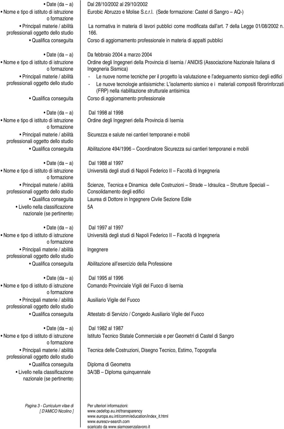 Date (da a) Da febbraio 2004 a marzo 2004 Ordine degli Ingegneri della Provincia di Isernia / ANIDIS (Associazione Nazionale Italiana di Ingegneria Sismica) - Le nuove norme tecniche per il progetto