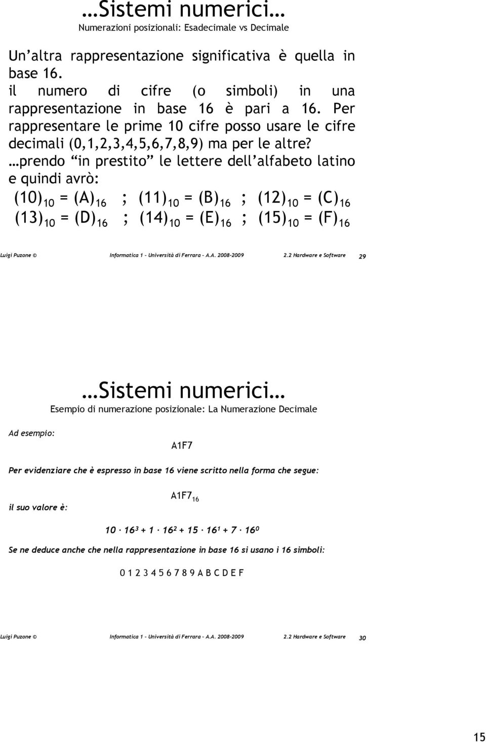 prendo in prestito le lettere dell alfabeto latino e quindi avrò: (10) 10 = (A) 16 ; (11) 10 = (B) 16 ; (12) 10 = (C) 16 (13) 10 = (D) 16 ; (14) 10 = (E) 16 ; (15) 10 = (F) 16 29 Sistemi numerici