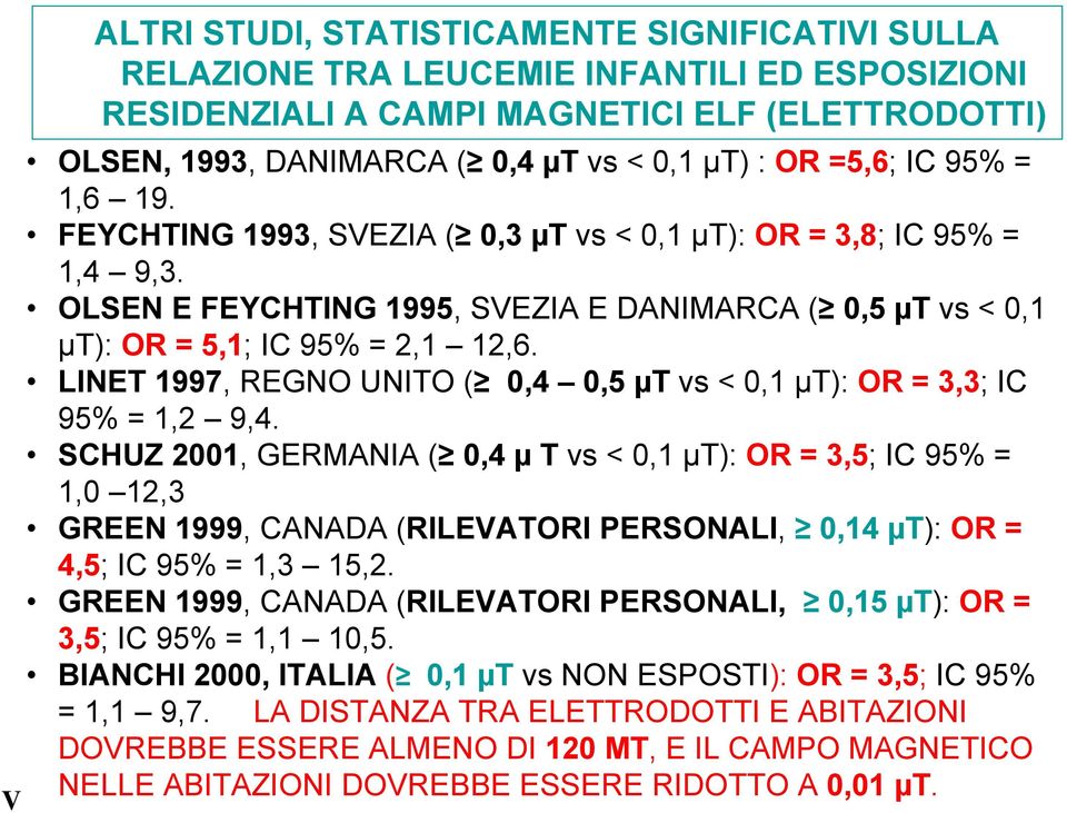 LINET 1997, REGNO UNITO ( 0,4 0,5 µt vs < 0,1 µt): OR = 3,3; IC 95% = 1,2 9,4.