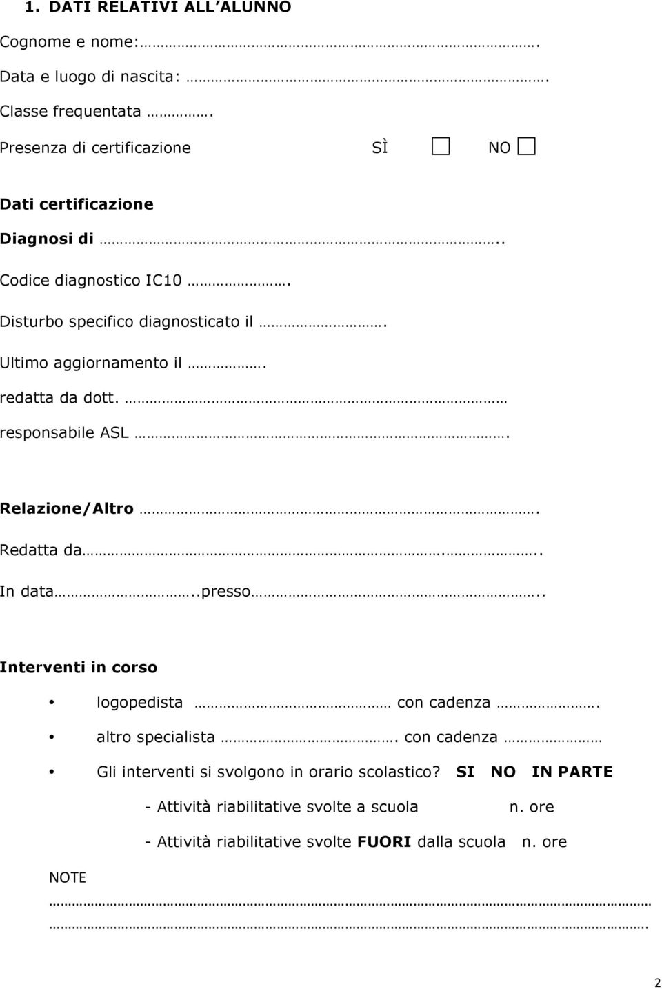 Ultimo aggiornamento il. redatta da dott. responsabile ASL Relazione/Altro Redatta da.. In data..presso.