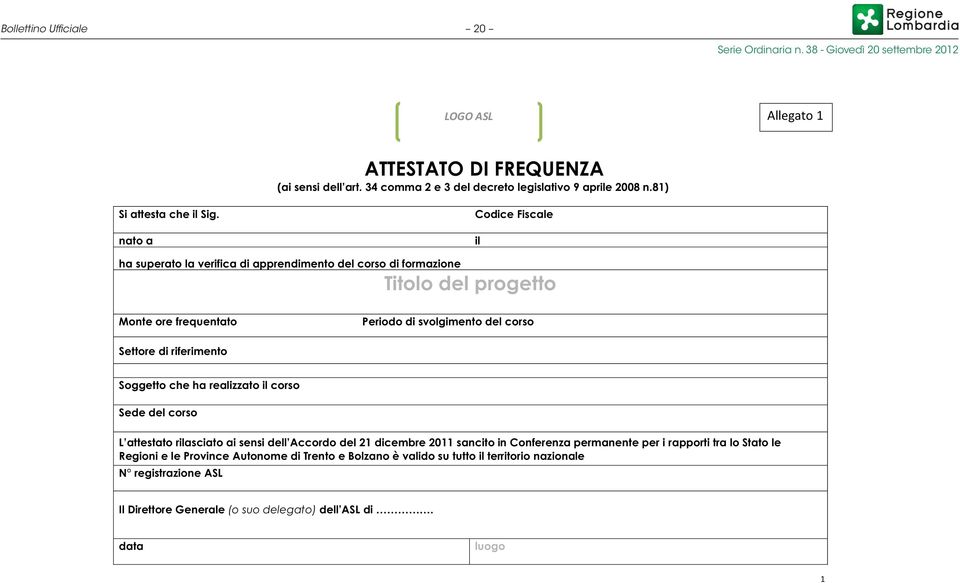 riferimento Soggetto che ha realizzato il corso Sede del corso L attestato rilasciato ai sensi dell Accordo del 21 dicembre 2011 sancito in Conferenza permanente per i rapporti