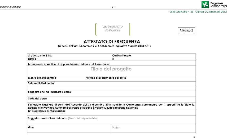 riferimento Soggetto che ha realizzato il corso Sede del corso L attestato rilasciato ai sensi dell Accordo del 21 dicembre 2011 sancito in Conferenza permanente per i rapporti tra lo