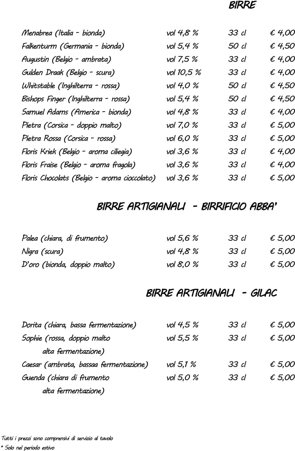 malto) vol 7,0 % 33 cl 5,00 Pietra Rossa (Corsica - rossa) vol 6,0 % 33 cl 5,00 Floris Kriek (Belgio - aroma ciliegia) vol 3,6 % 33 cl 4,00 Floris Fraise (Belgio - aroma fragola) vol 3,6 % 33 cl 4,00