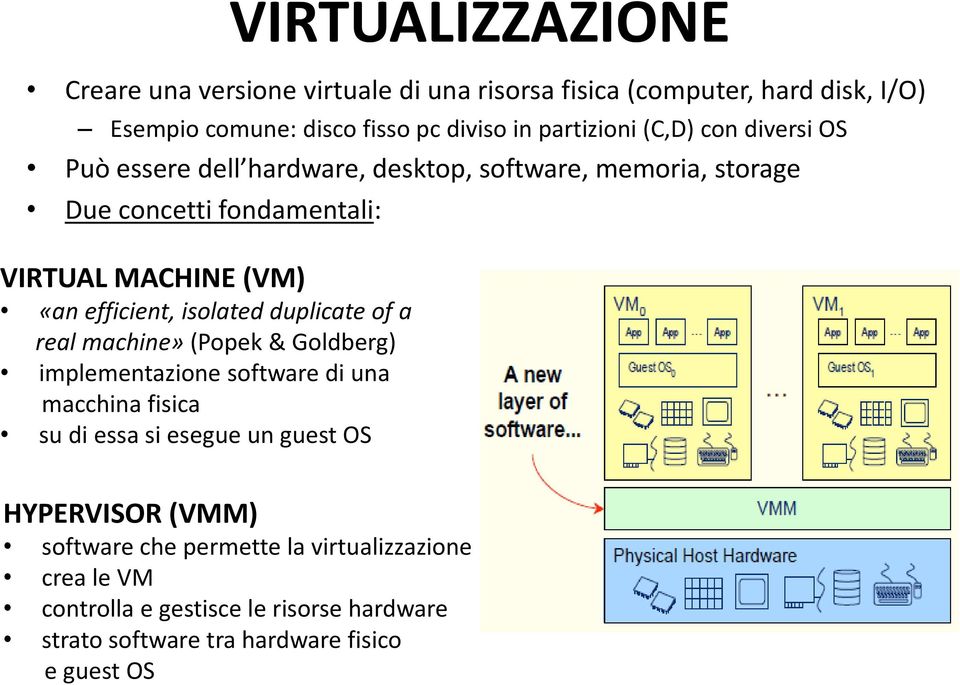 duplicate of a real machine» (Popek & Goldberg) implementazione software di una macchina fisica su di essa si esegue un guest OS VIRTUALIZZAZIONE