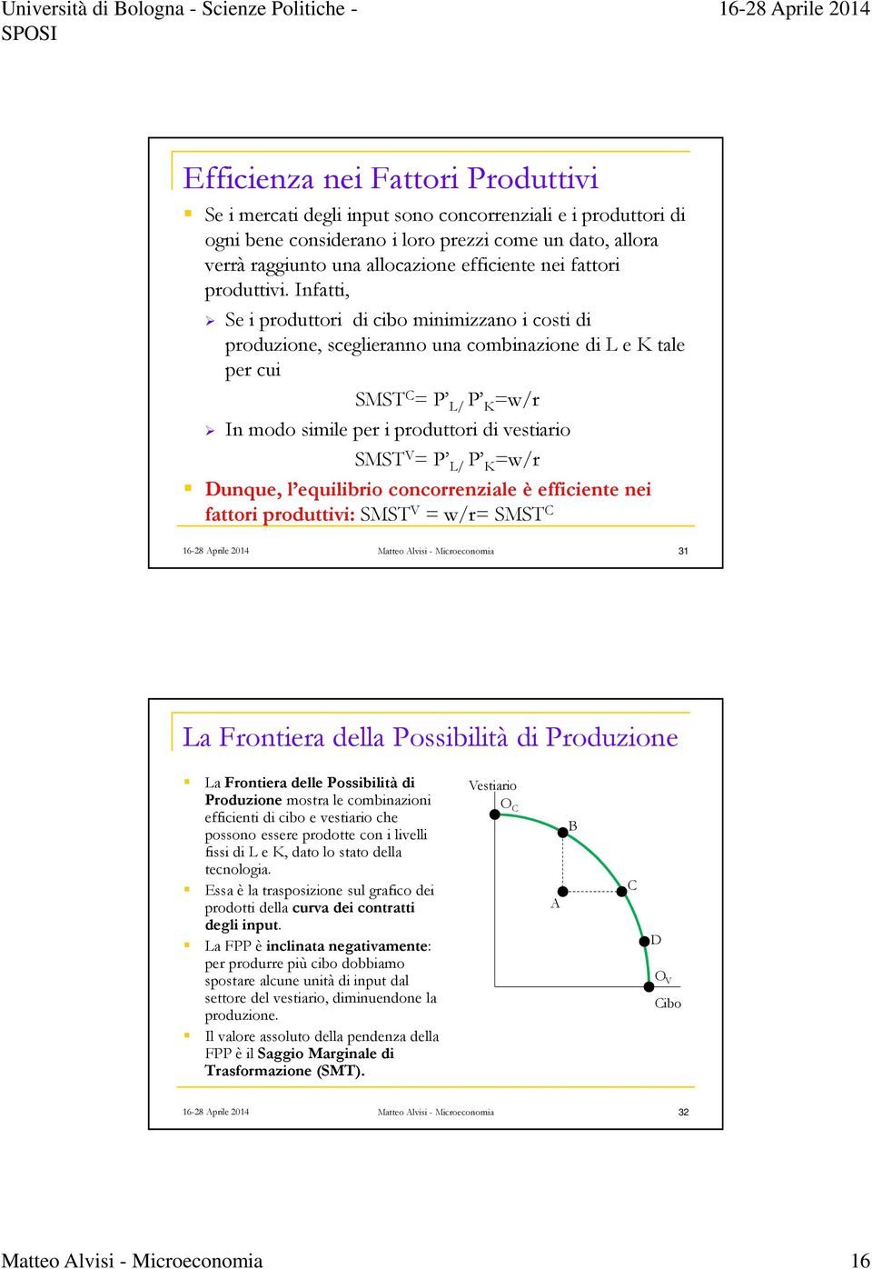 Infatti, Se i produttori di cibo minimizzano i costi di produzione, sceglieranno una combinazione di L e K tale per cui SMST C = P L/ P K =w/r In modo simile per i produttori di vestiario SMST V = P