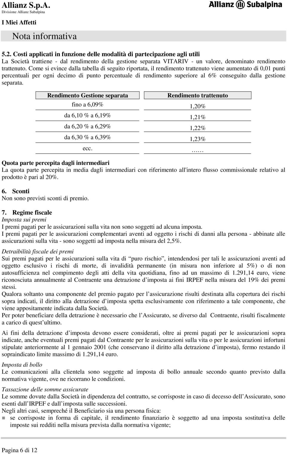 Come si evince dalla tabella di seguito riportata, il rendimento trattenuto viene aumentato di 0,01 punti percentuali per ogni decimo di punto percentuale di rendimento superiore al 6% conseguito