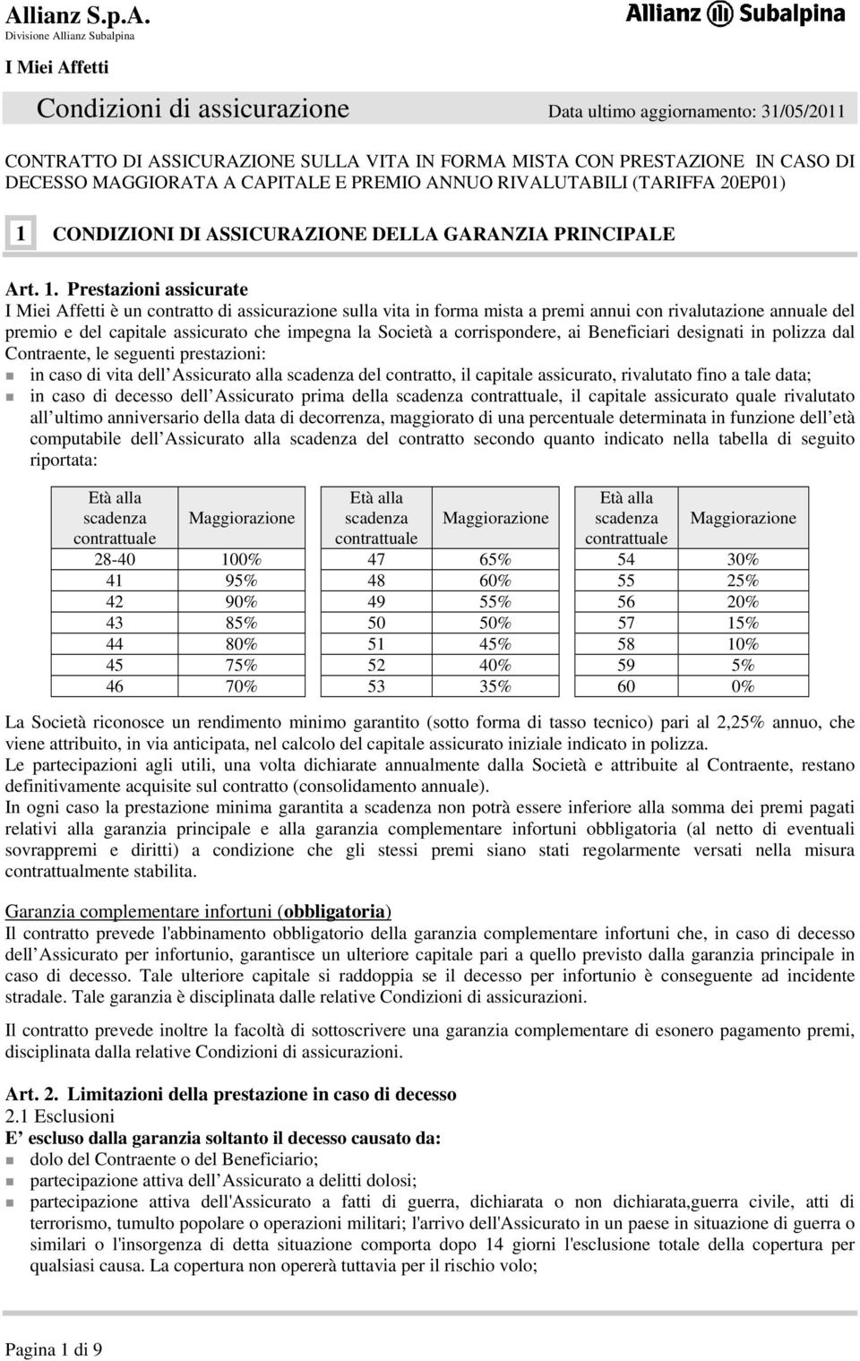 CONDIZIONI DI ASSICURAZIONE DELLA GARANZIA PRINCIPALE Art. 1.