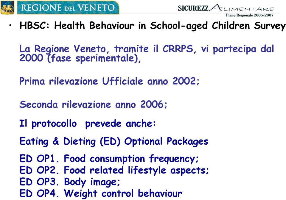 anno 2006; Il protocollo prevede anche: Eating & Dieting (ED) Optional Packages ED OP1.