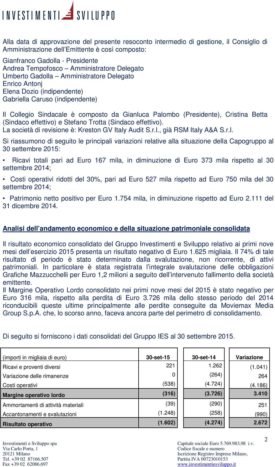 (Presidente), Cristina Betta (Sindaco effettivo) e Stefano Trotta (Sindaco effettivo). La società di revisione è: Kreston GV Italy