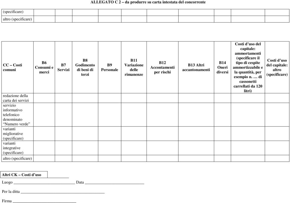 Accontamenti per rischi B13 Altri accantonamenti B14 Oneri diversi Costi d uso del capitale: ammortamenti (specificare il tipo di