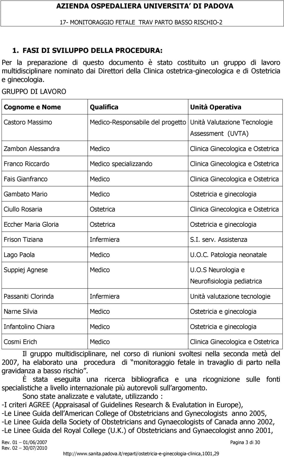 GRUPPO DI LAVORO Cognome e Nome Qualifica Unità Operativa Castoro Massimo Medico-Responsabile del progetto Unità Valutazione Tecnologie Assessment (UVTA) Zambon Alessandra Medico Clinica Ginecologica