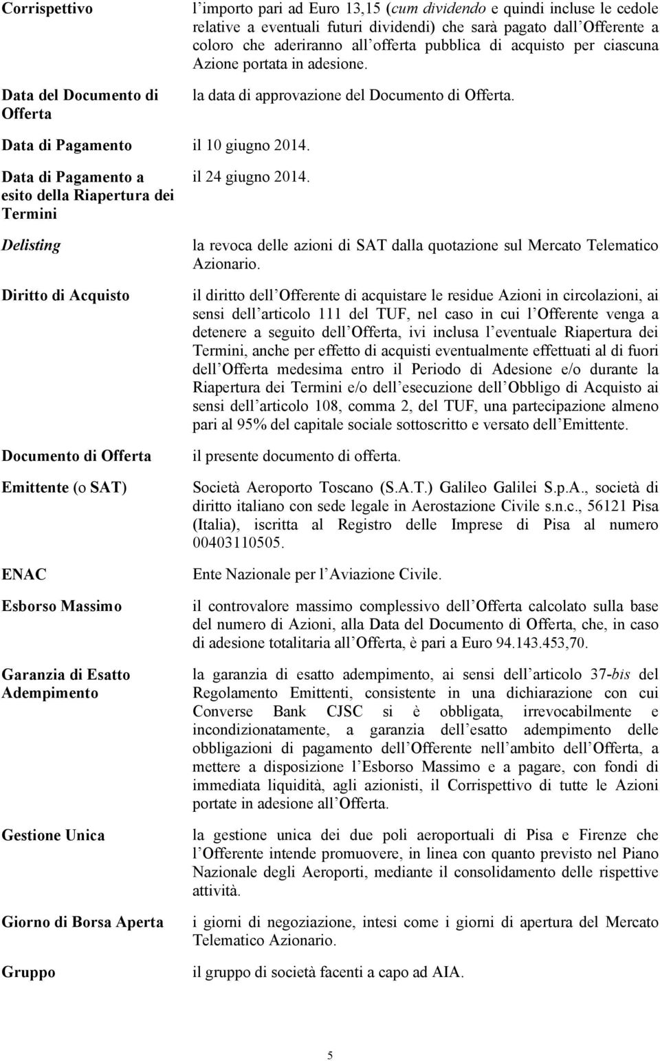 Data di Pagamento a esito della Riapertura dei Termini Delisting Diritto di Acquisto Documento di Offerta Emittente (o SAT) ENAC Esborso Massimo Garanzia di Esatto Adempimento Gestione Unica Giorno