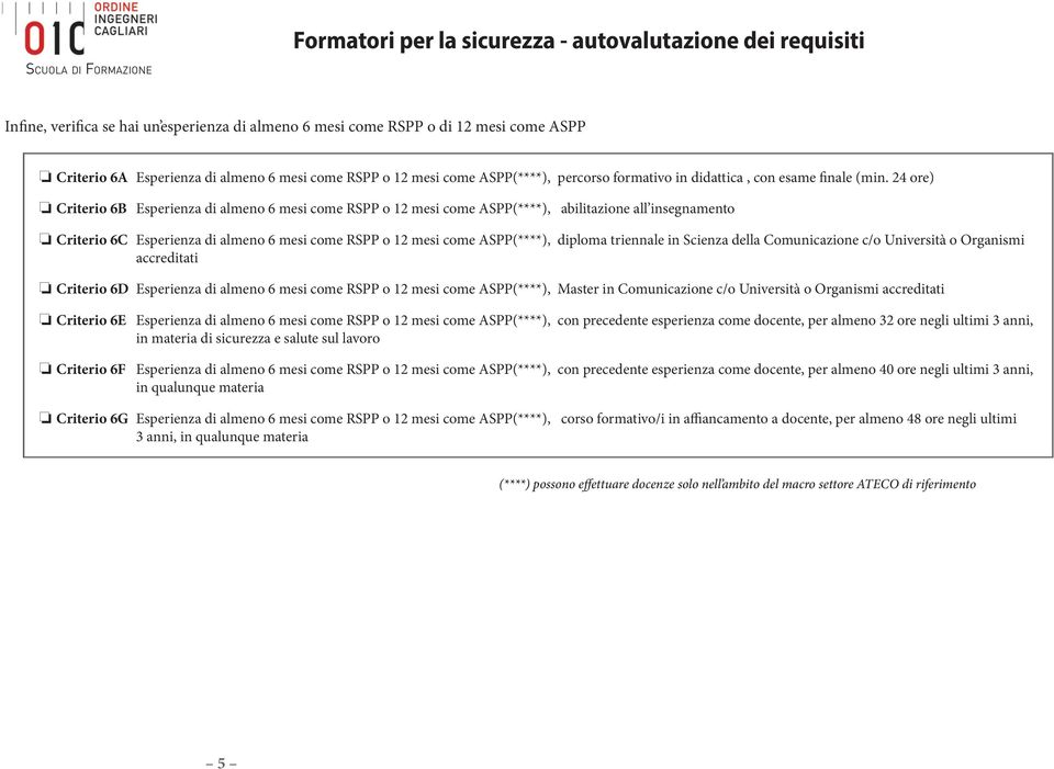 24 ore) Criterio 6B Esperienza di almeno 6 mesi come RSPP o 12 mesi come ASPP(****), abilitazione all insegnamento Criterio 6C Esperienza di almeno 6 mesi come RSPP o 12 mesi come ASPP(****), diploma