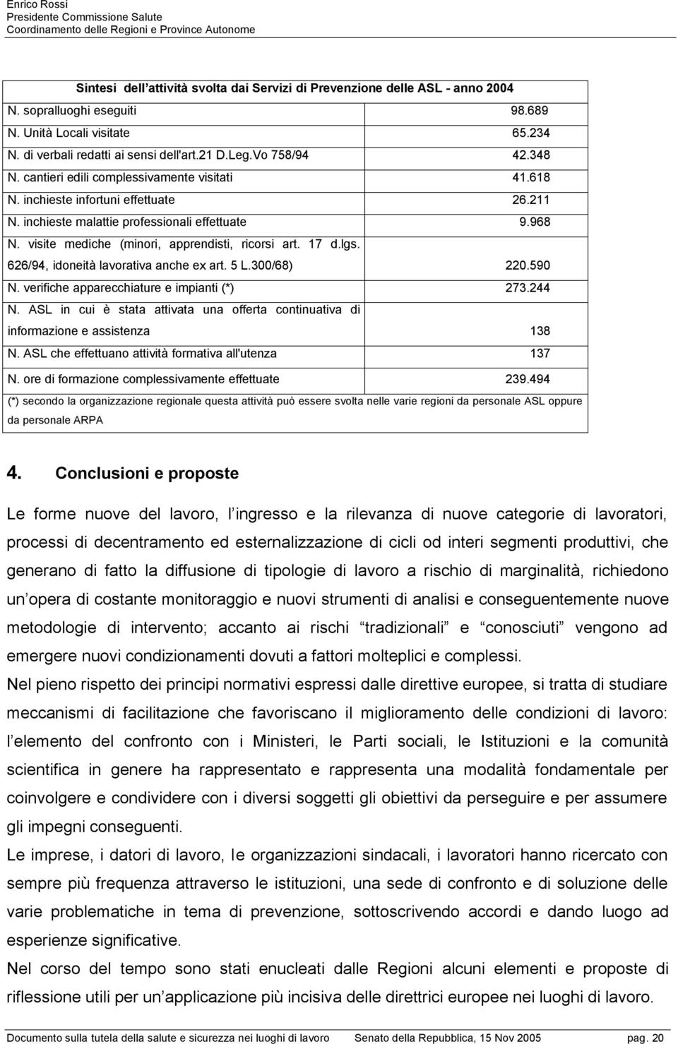 visite mediche (minori, apprendisti, ricorsi art. 17 d.lgs. 626/94, idoneità lavorativa anche ex art. 5 L.300/68) 220.590 N. verifiche apparecchiature e impianti (*) 273.244 N.