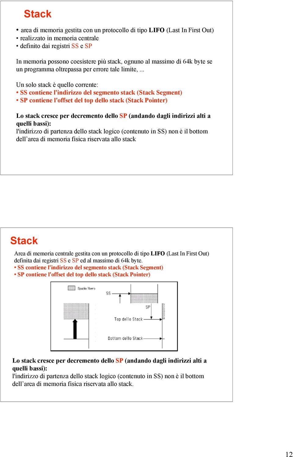 .. Un solo stack è quello corrente: SS contiene l'indirizzo del segmento stack (Stack Segment) SP contiene l'offset del top dello stack (Stack Pointer) Lo stack cresce per decremento dello SP