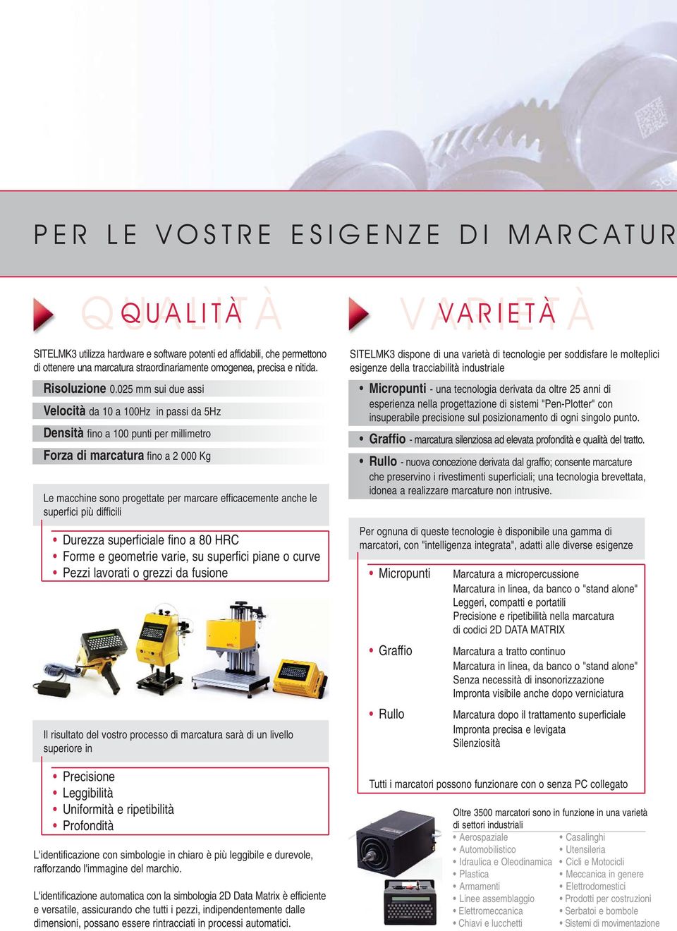 025 mm sui due assi Velocità da 10 a 100Hz in passi da 5Hz Densità fino a 100 punti per millimetro Forza di marcatura fino a 2 000 Kg Le macchine sono progettate per marcare efficacemente anche le