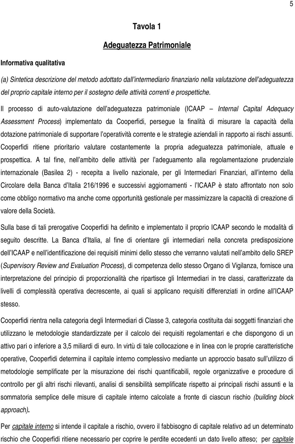 Il processo di auto-valutazione dell adeguatezza patrimoniale (ICAAP Internal Capital Adequacy Assessment Process) implementato da Cooperfidi, persegue la finalità di misurare la capacità della