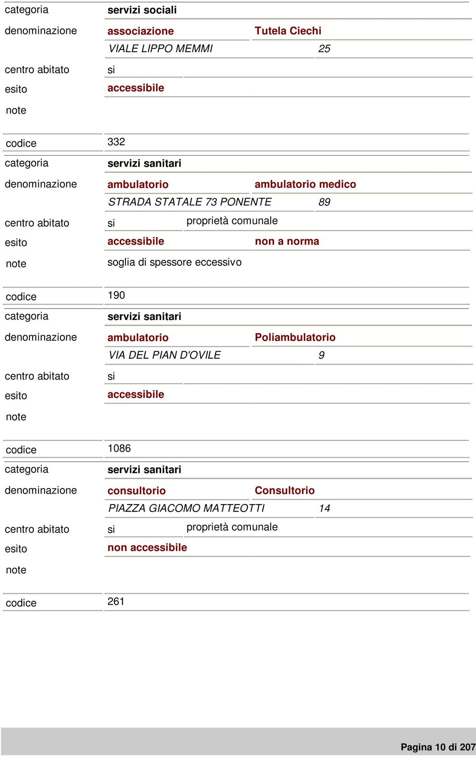 eccesvo codice 190 servizi sanitari ambulatorio Poliambulatorio VIA DEL PIAN D'OVILE 9 accesbile codice